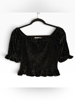 Jolt Black velvet cheetah print Smocked Peplum Blouse Size XL Like New